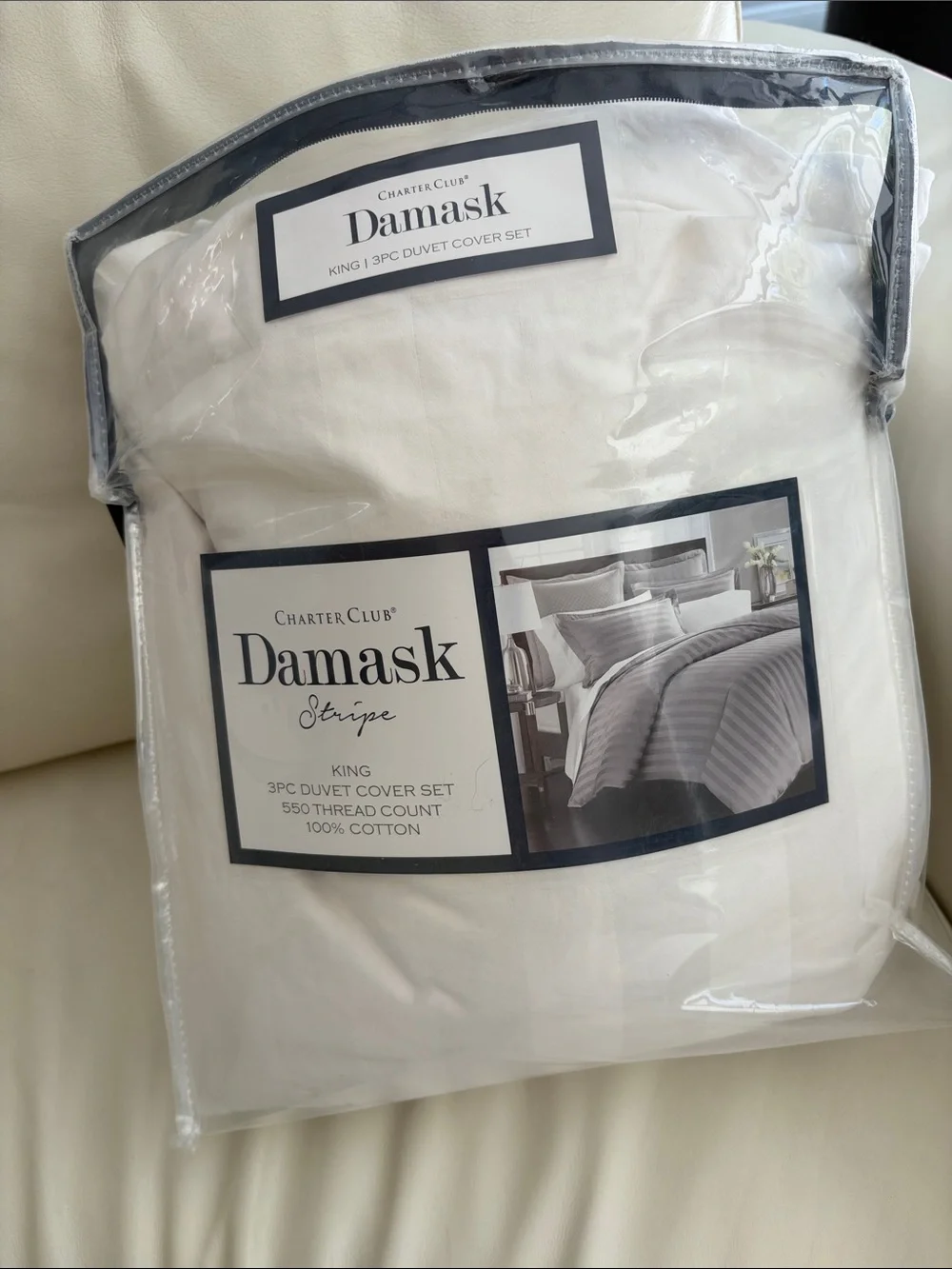 Charter Club White Damask Stripe King Duvet Cover Set